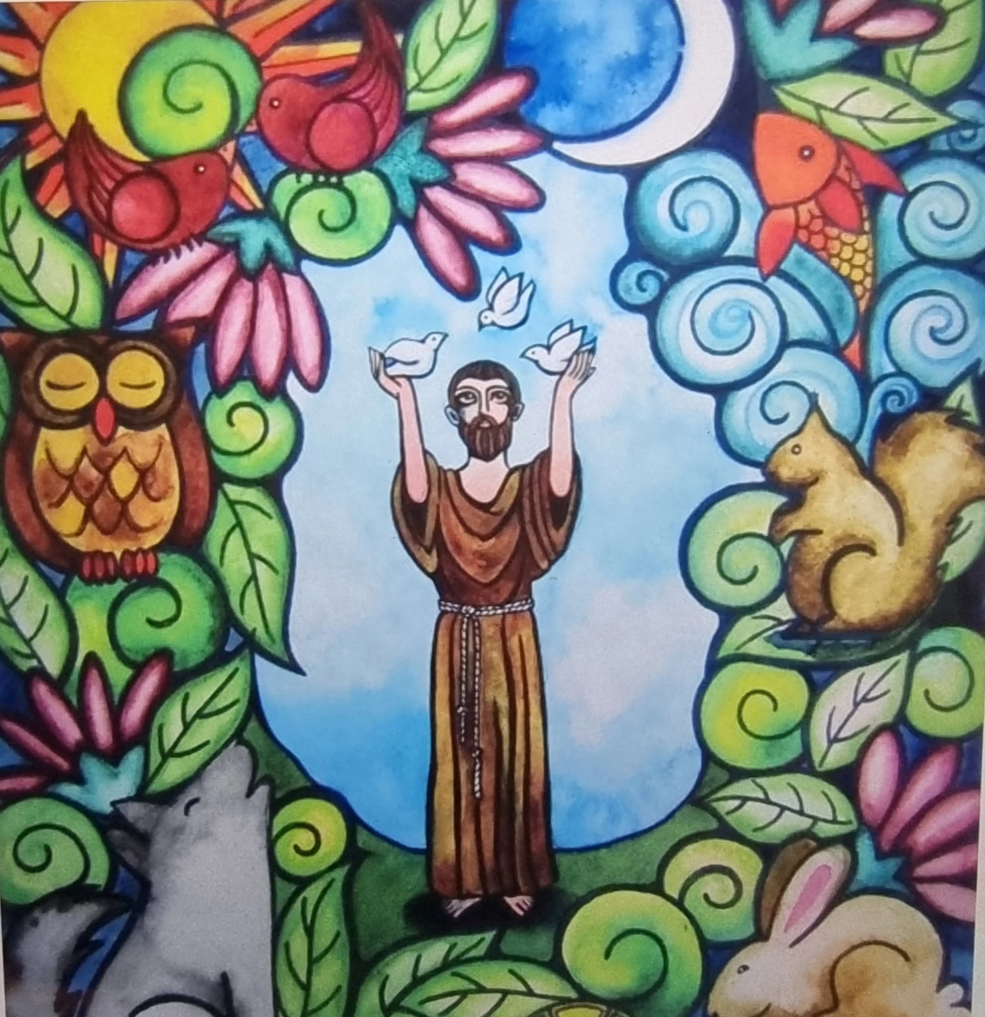 A painting of Saint Francis of Assisi surrounded by animals — the spirit our sanctuary is named for